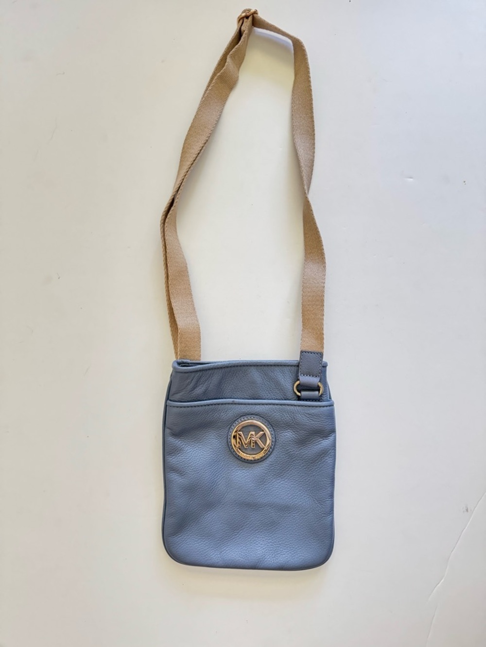 Michael Kors Light Blue Fulton Pebbled Leather Crossbody Bag with Tan Strap